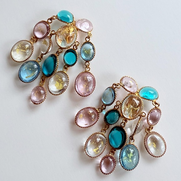 Vintage French Gripoix Poured Glass Chandelier Earrings Pink Blue Gold Leaf Foil - Picture 2 of 16